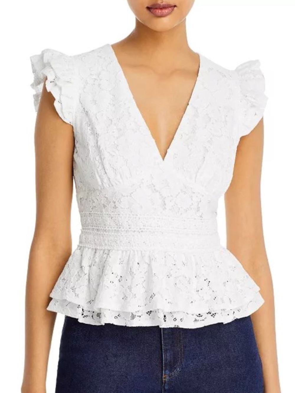 AQUA Bloomingdale’s $78 White Lace Peplum Top XL Flutter Sleeve
